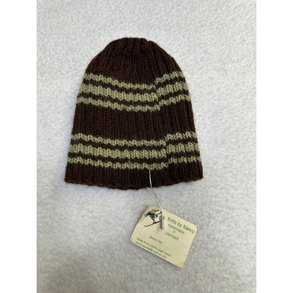 Knits by Nancy Handmade  Wool Beanie Hat  Brown with Green‎ Olive Striped-New